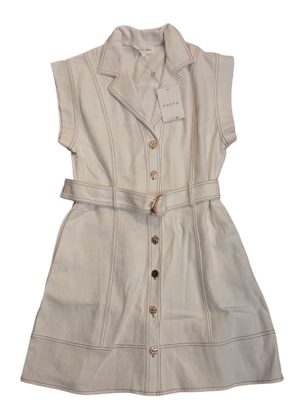 entro Cream Button-Front Belted Sleeveless Dress